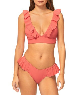 Raisins Seastar Solids Cannes Texture Ribbed Plunge V-Neck Ruffle Bra Swim Top & Hipster Swim Bot... | Dillard's