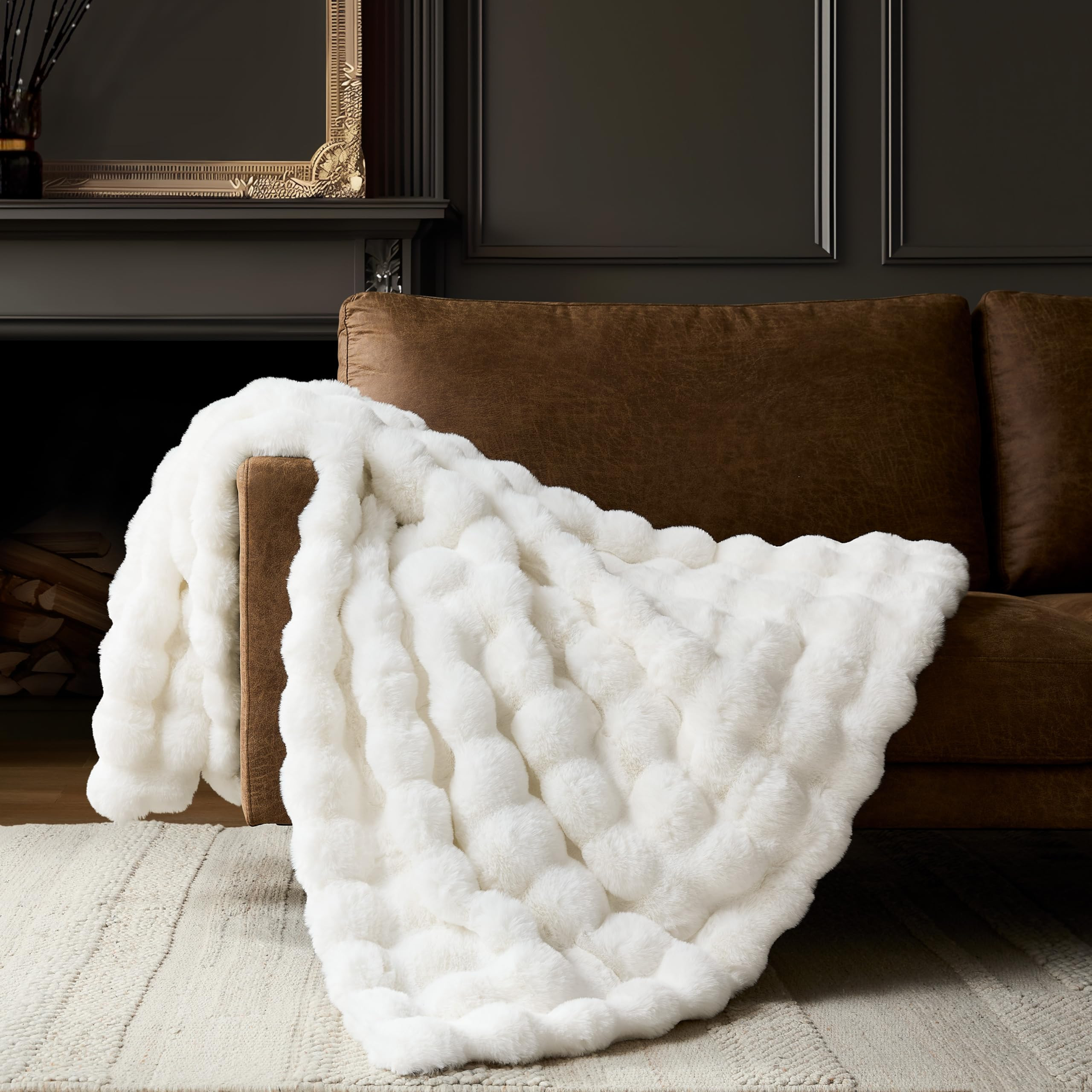 WDCOZY Luxury Ivory Bubble Throw Blanket, Cream White Faux Fur Mink Plush Throw for Couch, Sofa a... | Amazon (US)