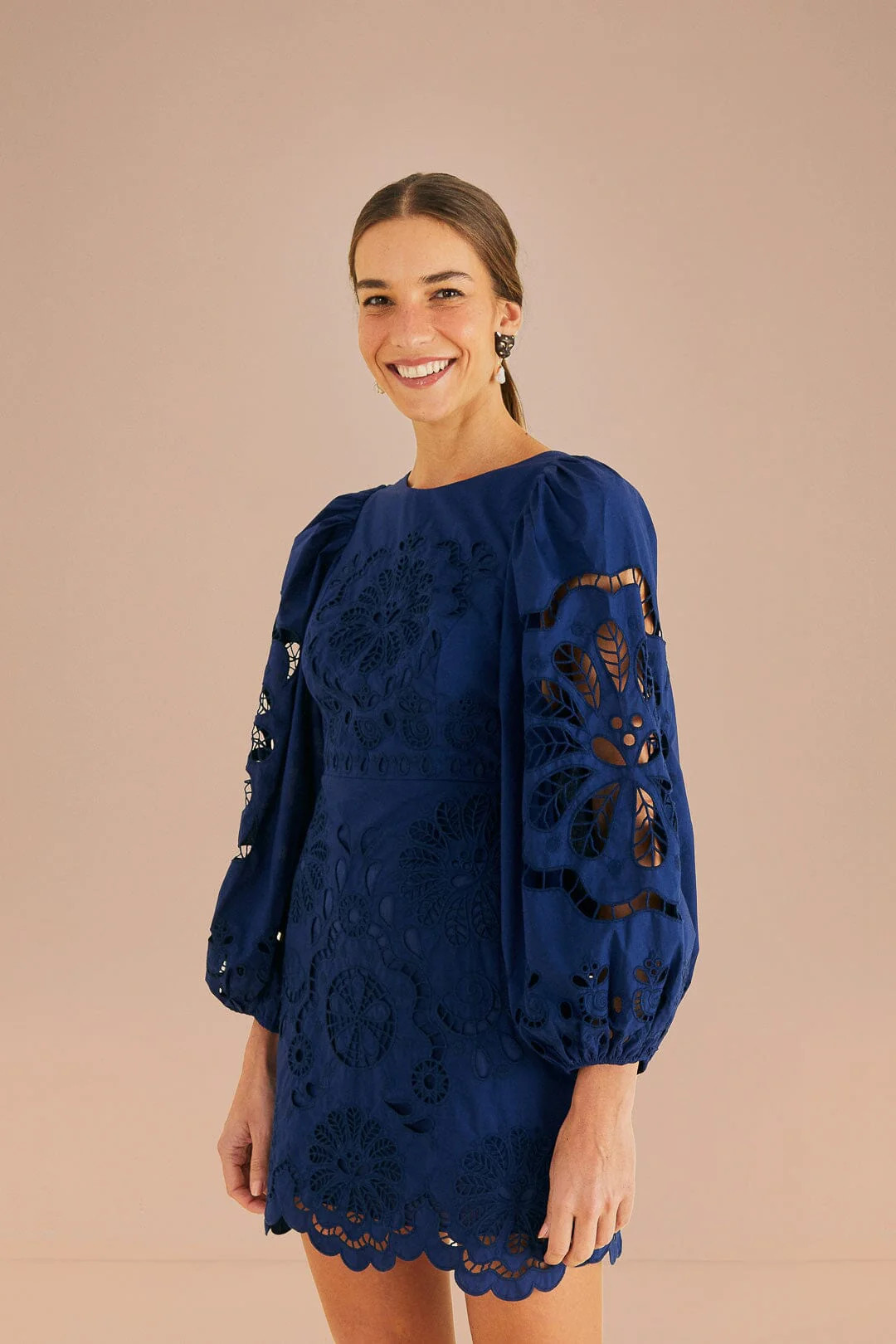 Navy Blue Flowery Richelieu Mini Dress | FarmRio (US)