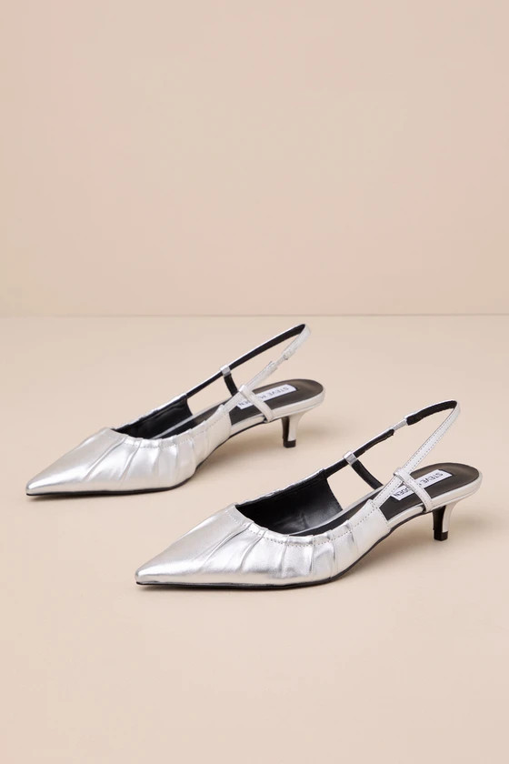 Syrie Silver Leather Pointed-Toe Slingback Kitten Heel Pumps | Lulus