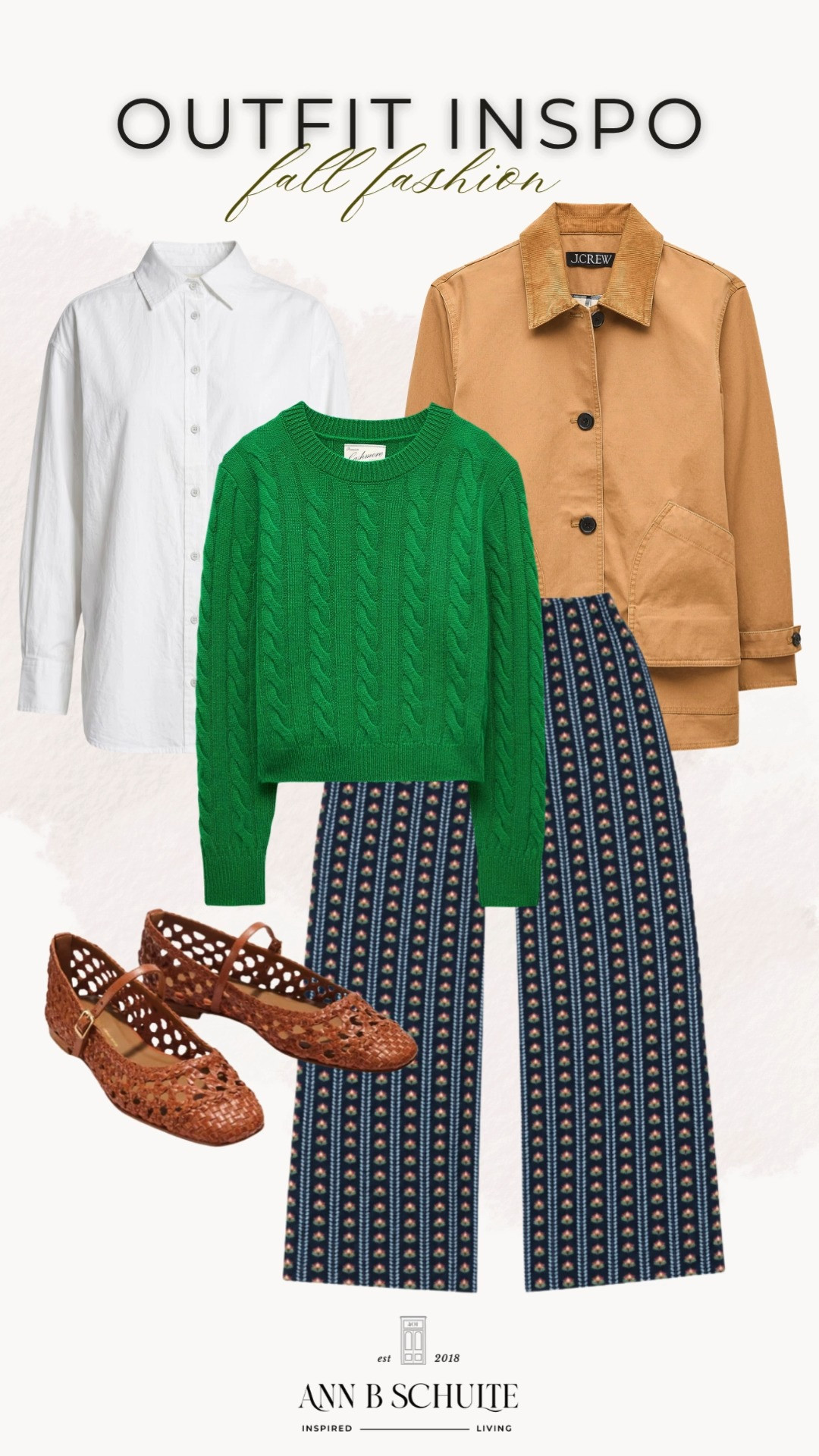This fall fashion outfit brings together rich color, playful pattern, and classic layers for an effortlessly polished seasonal look. The bright green cable-knit sweater adds a fresh pop against patterned wide-leg pants, while a crisp white button-down and camel barn jacket keep everything feeling timeless. Woven flats add texture and an easy finishing touch that ties the whole outfit together. It’s a fun take on fall style that feels colorful, comfortable, and perfectly put together. 🍂💚✨
#FallFashion #FallOutfit #FallStyle #FallOutfitIdeas #AutumnFashion #CableKnitSweater #BarnJacket #WideLegPants #EverydayStyle #OutfitInspiration 

 #LTKootd