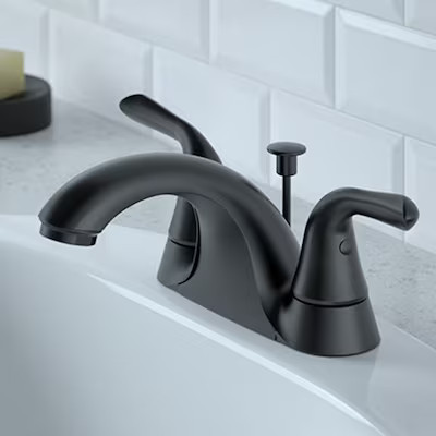 Project Source Dover Matte Black 4-in centerset 2-Handle WaterSense Bathroom Sink Faucet with Dra... | Lowe's