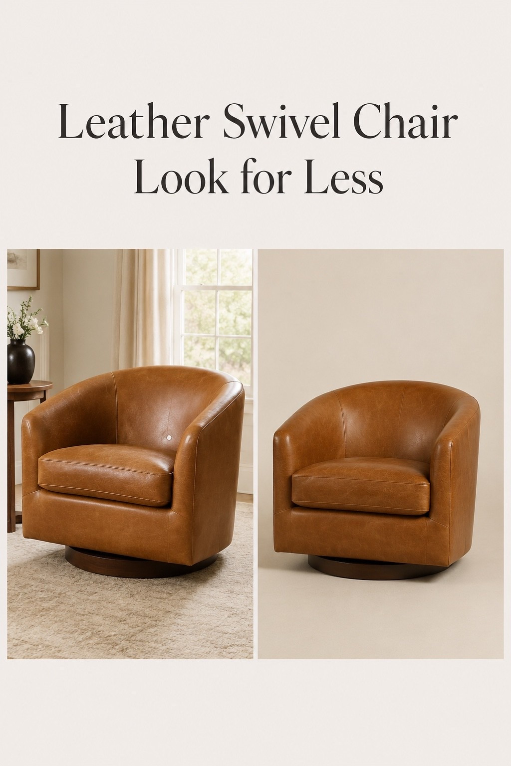 Leather Barrel Chair Look for Less

Love the rich caramel tone and soft curved silhouette of this swivel chair. It gives the same warm, elevated designer look for less and feels like one of those timeless pieces that works in almost any space. Perfect for creating a cozy reading corner, layered living room, or collected RH-inspired feel.

#LTKSaleAlert #LTKHome