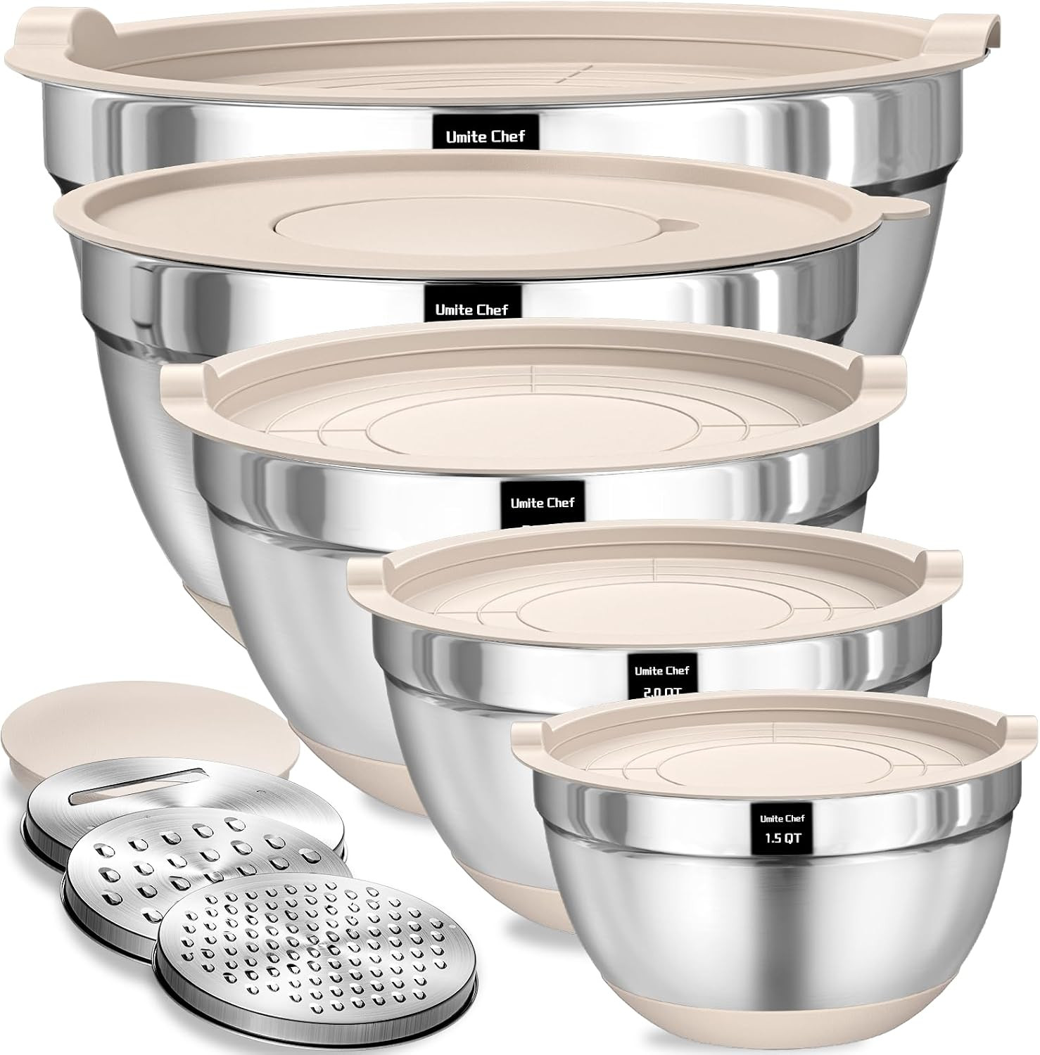Umite Chef Mixing Bowls with Airtight Lids Set, 8PCS Stainless Steel Nesting Bowls with Grater Attachments, Non-Slip Bottoms, 5, 4, 3.5, 2, 1.5QT for Mixing & Serving | Amazon (US)