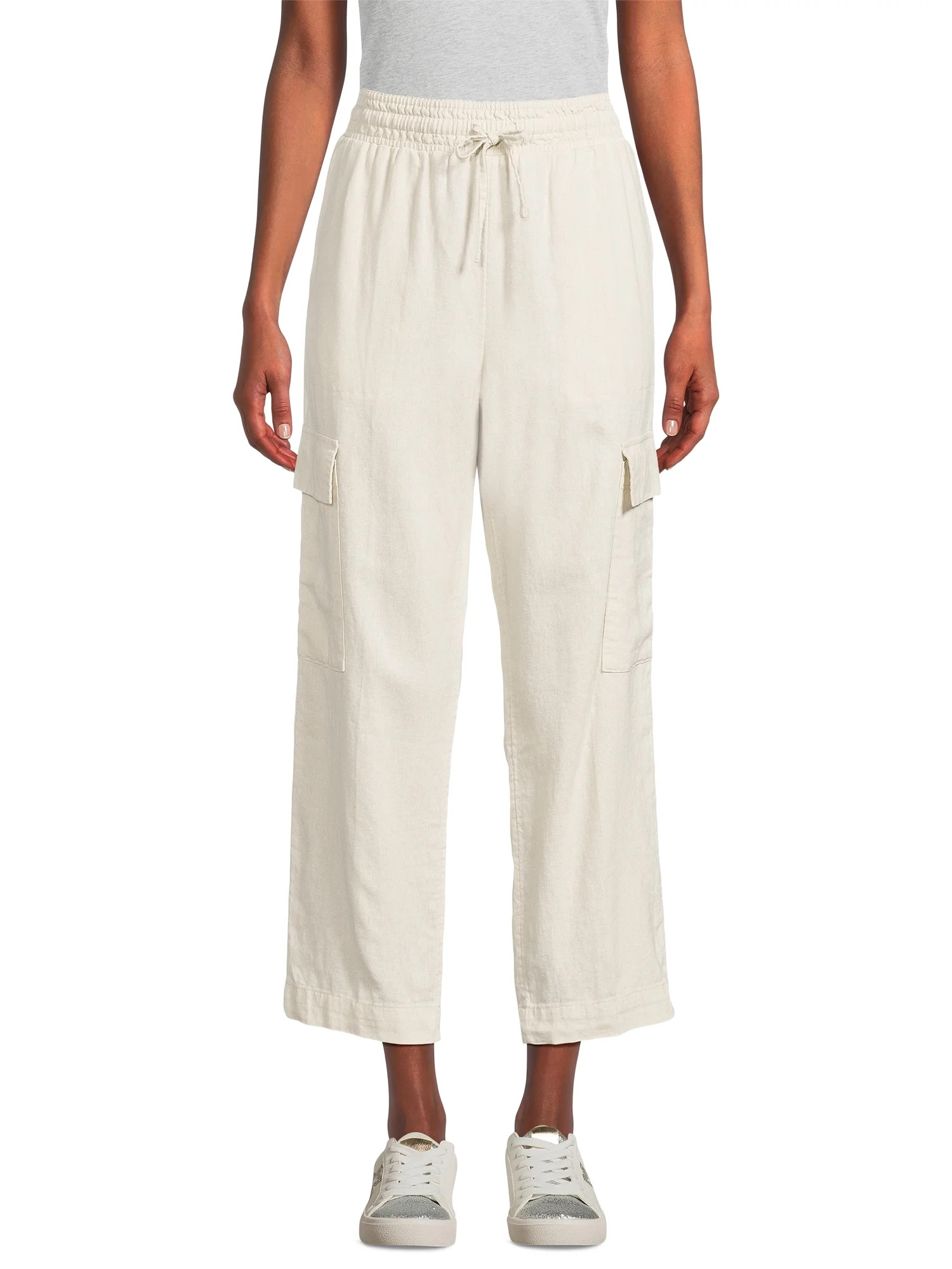 Time and Tru Women's Linen Blend Cropped Cargo Pants, 28" Inseam, Size XS-XXXL | Walmart (US)