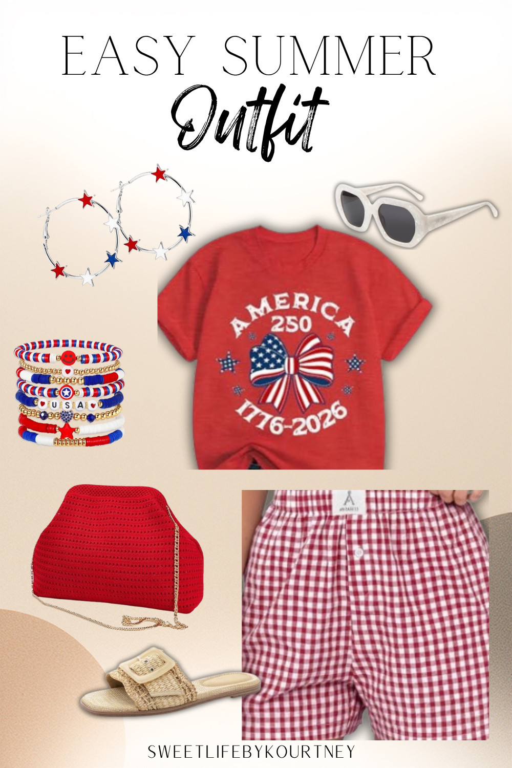 Easy patriotic summer outfit from Amazon for the Fourth of July, Memorial Day, BBQs, fireworks, and casual summer plans. The red tee, gingham shorts, raffia slides, clutch, sunglasses, and accessories make it festive without feeling overdone.
#SweetLifeByKourtney #AmazonFashion #FourthOfJuly #SummerOutfit 

 #LTKootd #LTKSeasonal #LTKTravel