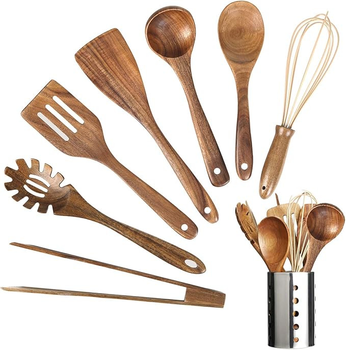 Wooden Kitchen Utensil Set,Wood Utensils Cooking Set Organic Teak Wood Spoons for Cooking,Spatula... | Amazon (US)