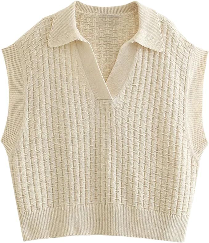 UIOKLMJH Women Fashion Oversized Knitted Vest Sweater Vintage Lapel Collar Sleeveless Female Wais... | Amazon (US)