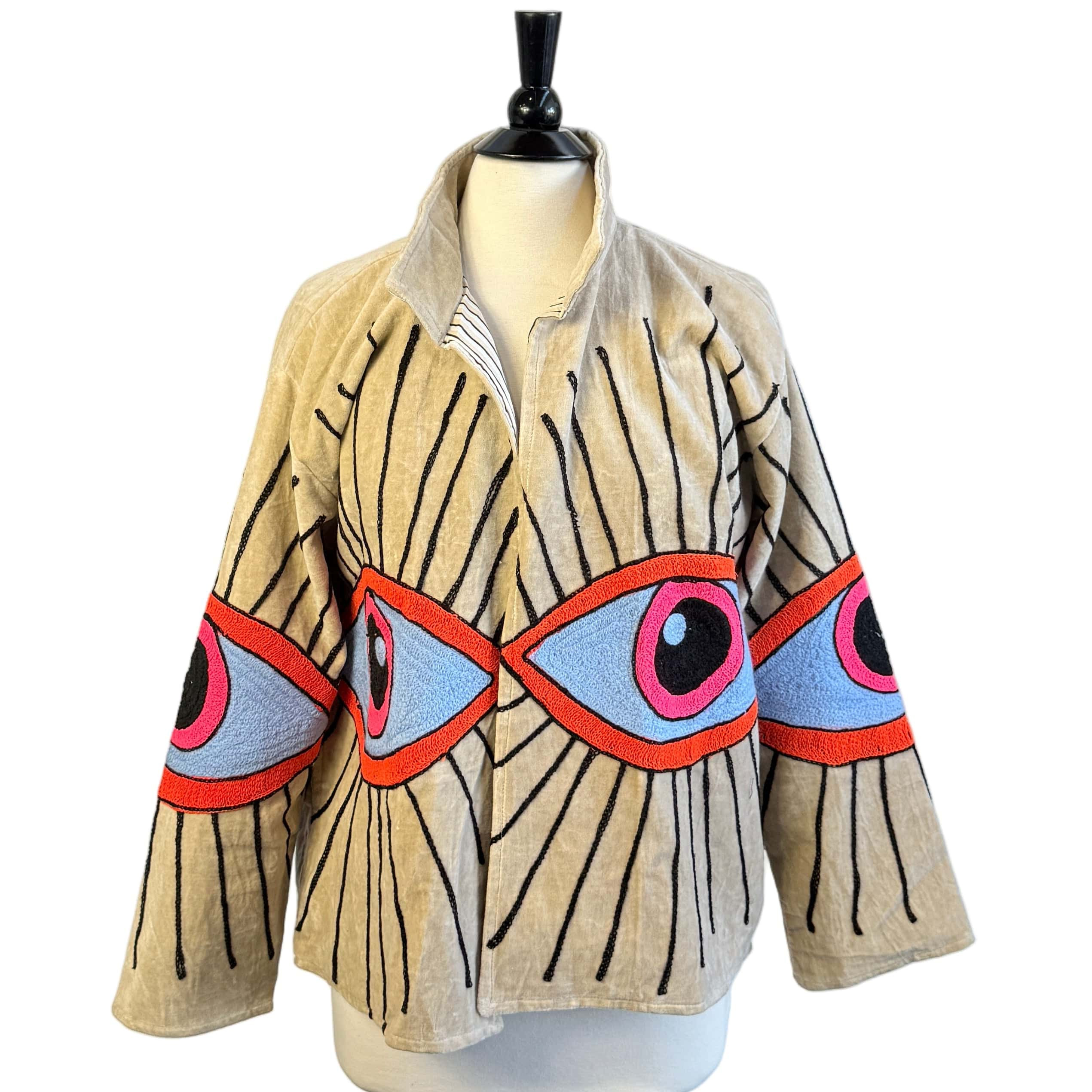 Embroidered Velvet Jacket Tan With Multi Color Eye | INK+ALLOY