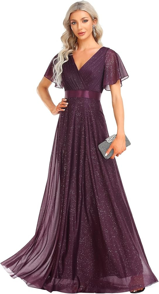 Ever-Pretty Womens Evening Dresses V Neck Short Sleeves A-line Glitter Formal Dresses 50159 | Amazon (US)