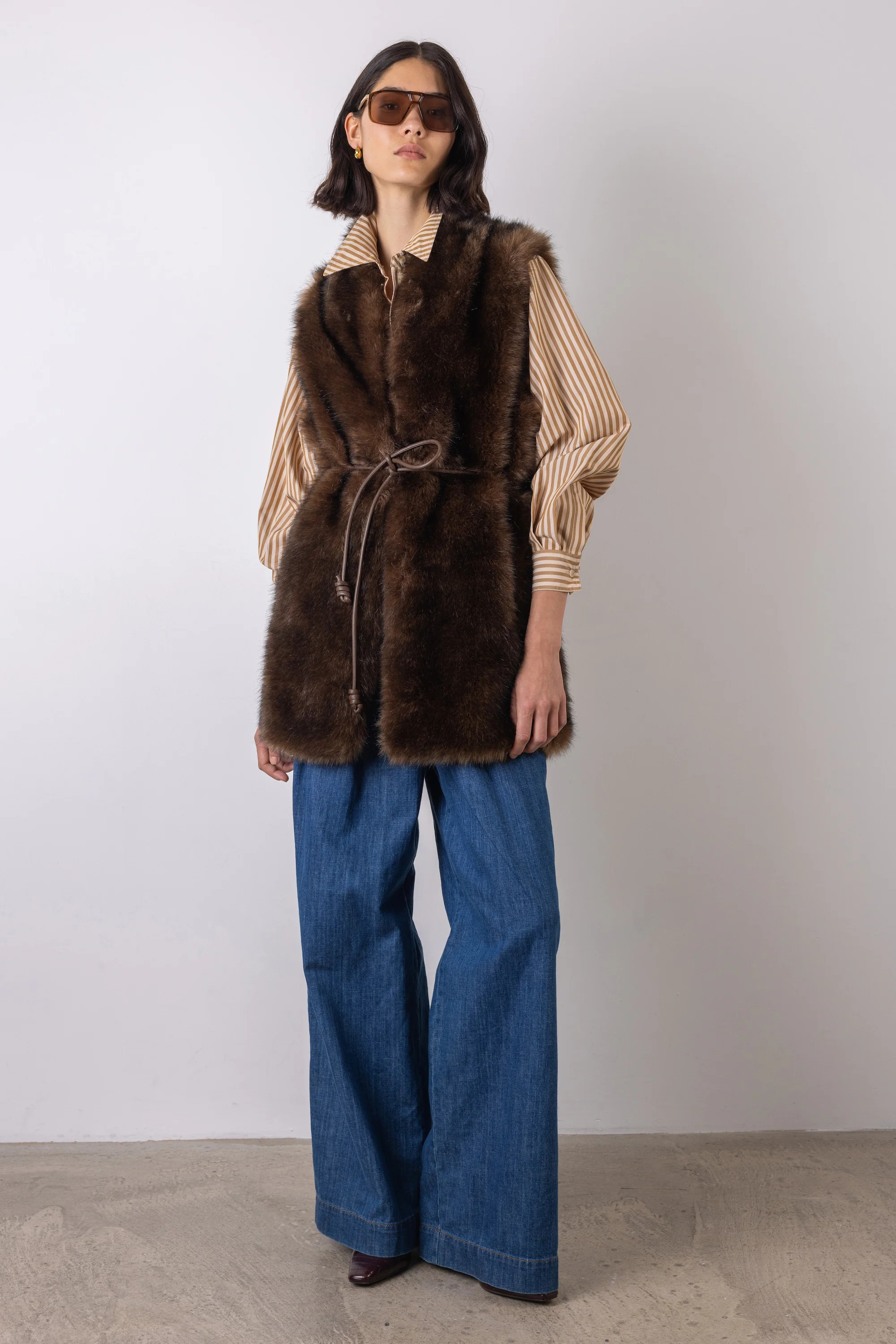 Women's Belted Fur Gilet Coat in Brown | Vivere London