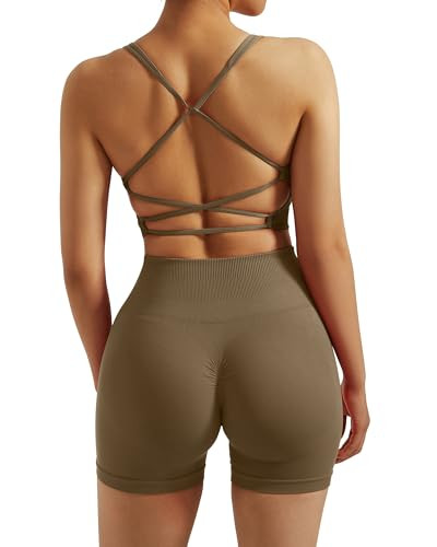 RXRXCOCO Seamless Workout Sets for Women 2 Piece Strappy Sports Bras Scrunch Butt Booty Shorts Ma... | Amazon (US)