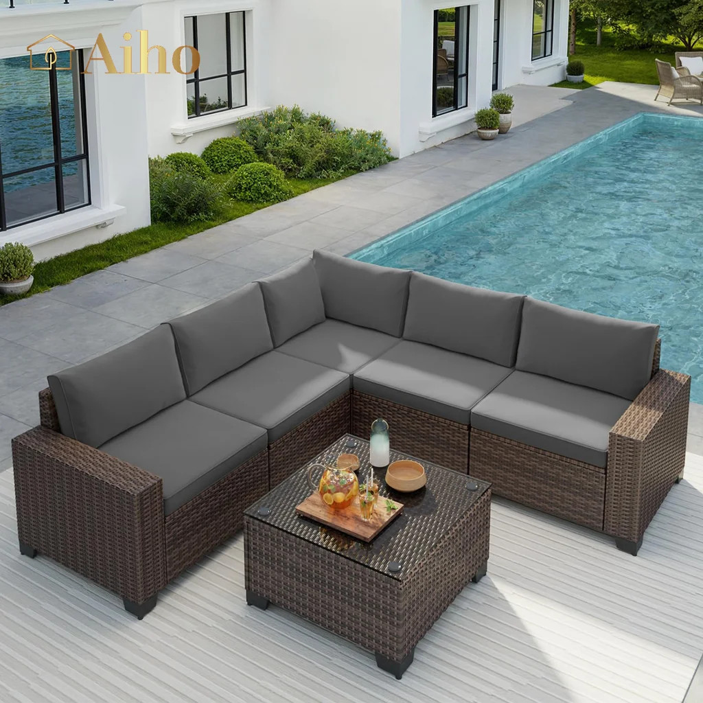 Aiho Outdoor Patio Furniture Set with All Weather Wicker, 6 Pieces Outdoor Sectional Sofa with So... | Walmart (US)