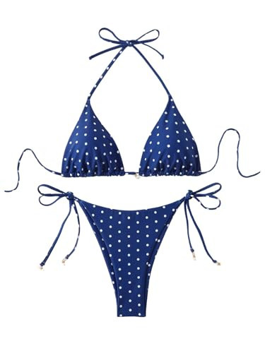 SOLY HUX Women's Polka Dots Print Bathing Suit Halter Triangle Tie Side Bikini Sets Two Piece Swimsuit Dark Blue Polka Dots X-Small | Amazon (US)