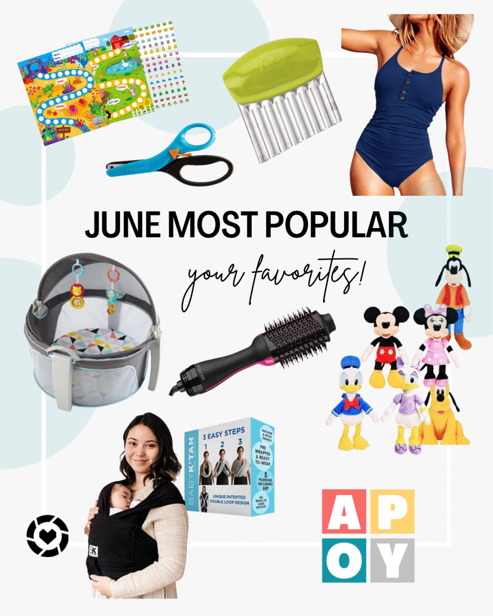 June Follower Favorites including Roo’s sticker charts, toddler training scissors, and Just Play Disney plush characters. My Revlon hot air brush, holy grail swimsuit for moms, and new crinkle cutter. Plus, the baby’s Fisher Price dome and Baby K’tan wrap carrier!

#LTKfamily #LTKFind #LTKkids