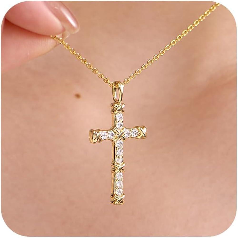 14K Gold Cross Necklace for Women,Gold Filled Sterling Silver Cross Necklace CZ Diamonds Crucifix... | Amazon (US)