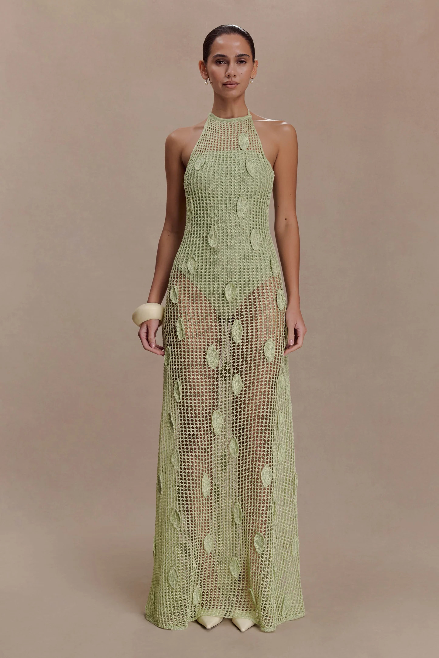Elfie Crochet Halter Maxi Dress - Pastel Green | Meshki UK