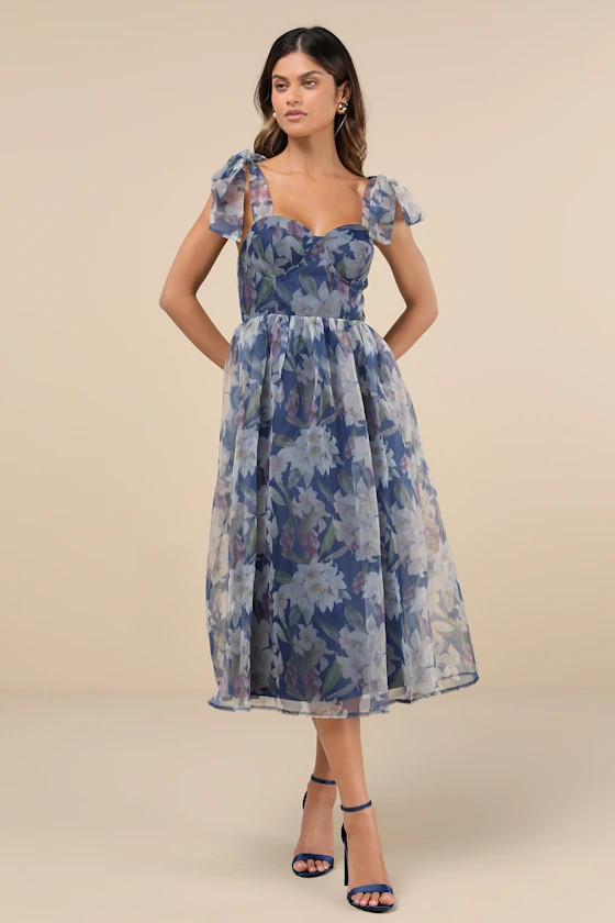 Exceptionally Marvelous Blue Floral Organza Bustier Midi Dress | Lulus