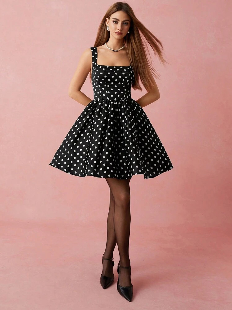 Enchnt Elegante Polka Dot Print Taille Getailleerde Mouwloze Uitlopende Feestjurk Voor Dames | SHEIN