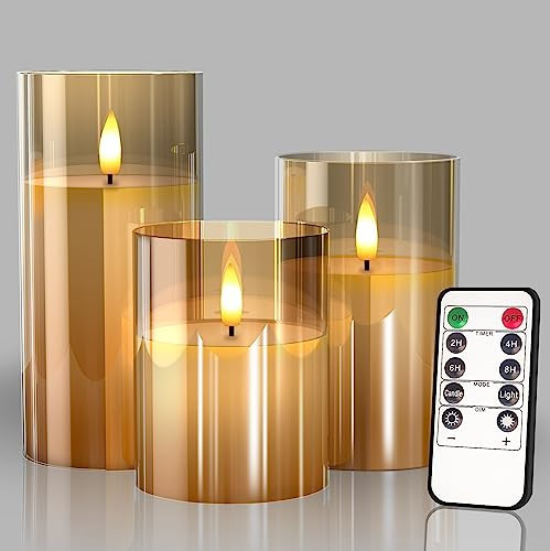 Tyawon Glass Battery Operated LED Flameless Candles with Remote and Timer, Real Wax Candles Warm Color Flickering Light for Festival Wedding Home Party Decor(Pack of 3)-Gold | Amazon (US)