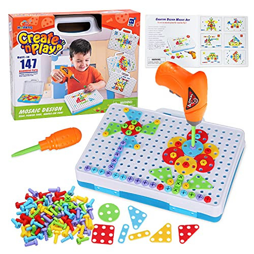 Haifeng 147 Pieces Creative nPlay Drill and Screwdriver Toy Set, DIY Mosaic Design Art Kit, STEM Education Learning Toy for Kids Aged 3-8 Years Old | Amazon (US)
