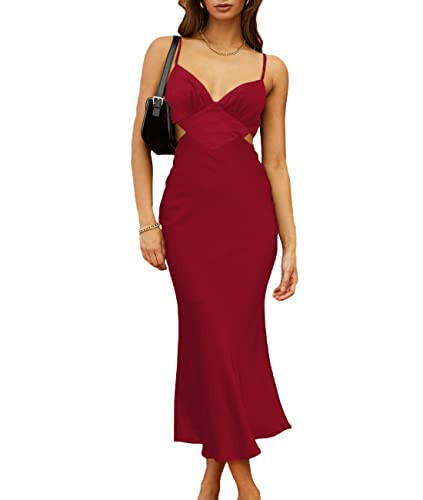 Women Satin Cutout Slip Backless Maxi Dress V Neck Spaghetti Strap Bust Ruched Back Tie Strap Midi Dress for Wedding Guest Burgundy | Amazon (US)