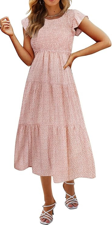 Hount Women's Casual Midi Dress Fultter Short Sleeve Elastic Waist Summer Tiered Smocked Dress wi... | Amazon (US)