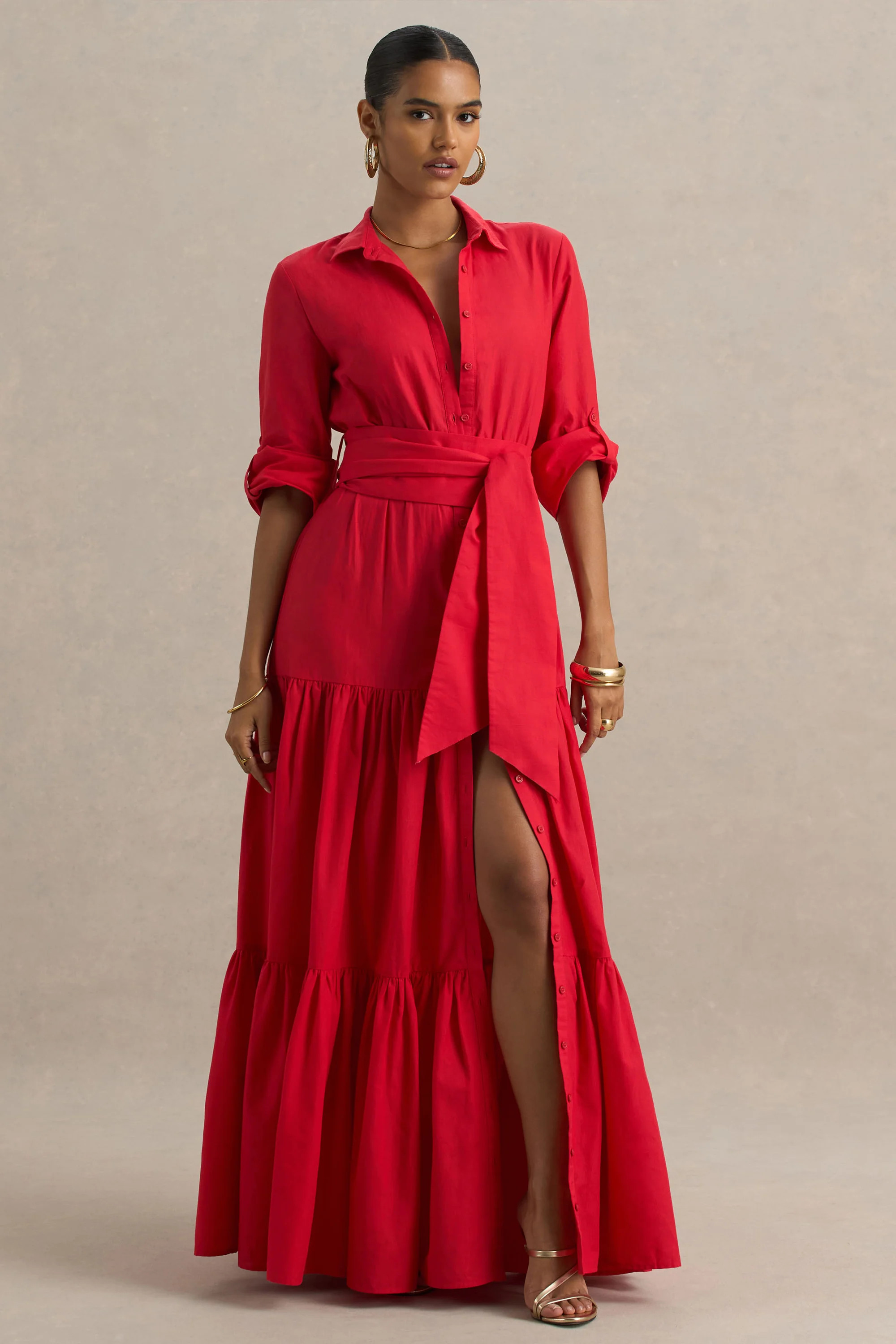 Sydney | Red Belted Maxi Shirt Dress | Club L London