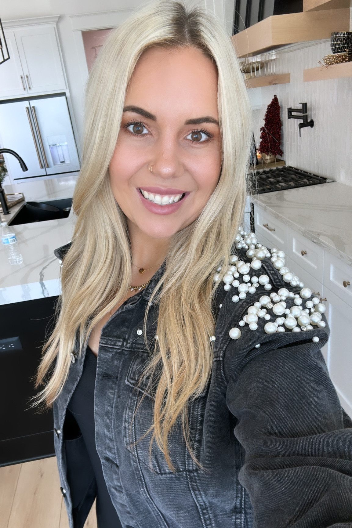 Loving this pearl denim jacket! It’s TTS but size up for a roomier oversized fit. I have my norm size large and wish I sized up. 

#LTKmidsize #LTKGiftGuide #LTKHoliday