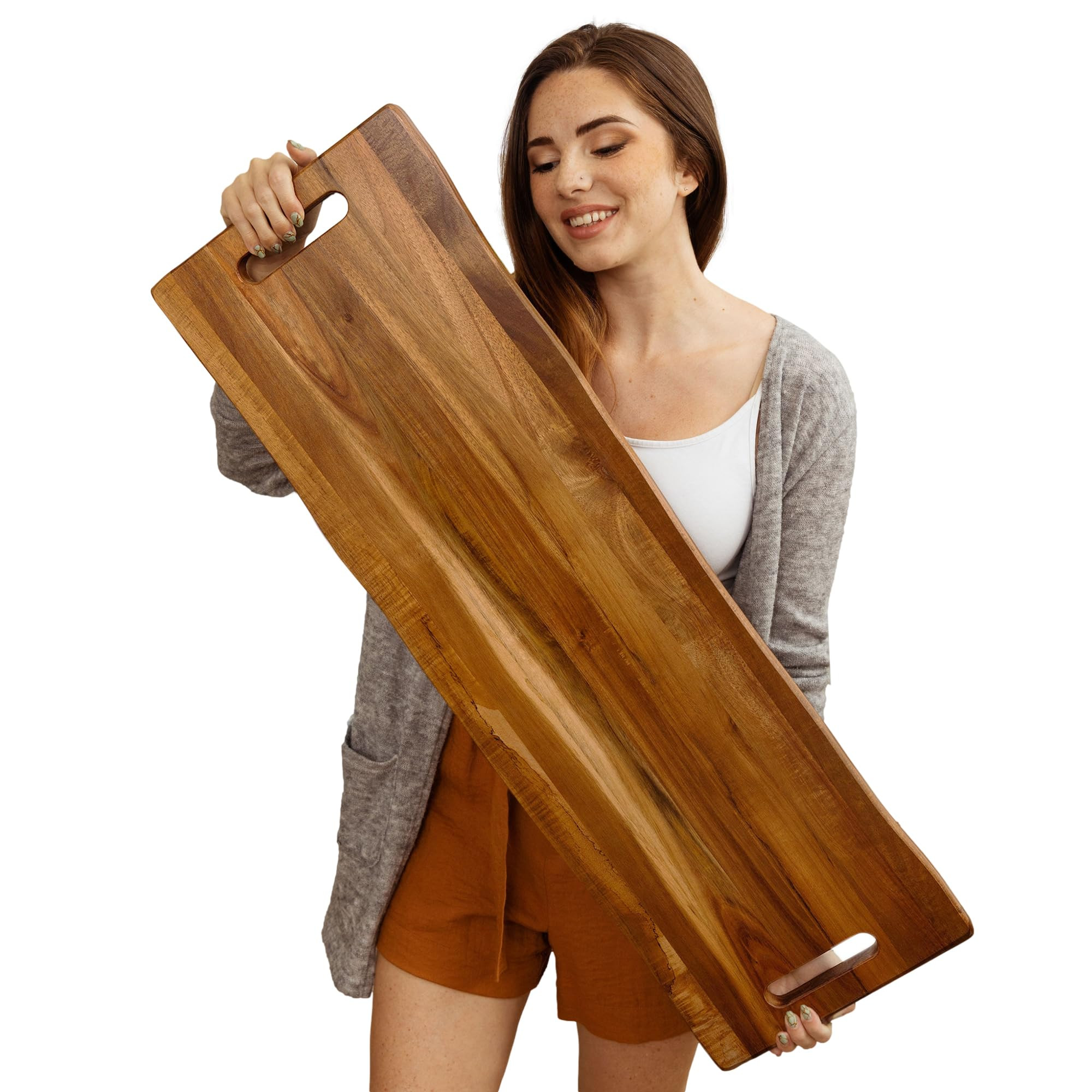 Large Acacia Serving Board with Handles, 36 x 12 Inch Rectangular Charcuterie Platter, Natural Wood Server for Meat, Cheese Board, and Party Appetizers, Extra Long 3ft, Light | Amazon (US)