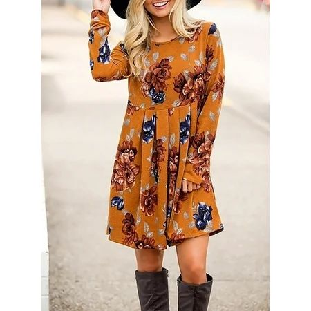 Women's fashion Round Neck Floral Print Long Sleeve Swing Pleated T Shirt Tunic Dress | Walmart (US)