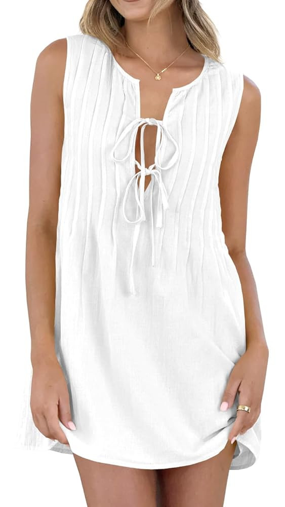 Women Mini Shift Dress Round Neck Sleeveless Pleated Solid Color Casual Short Dress | Amazon (US)
