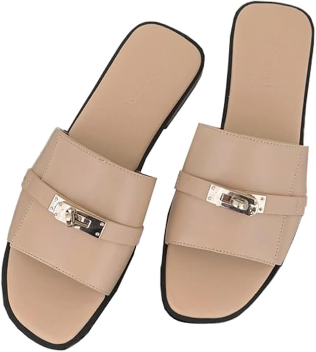 Women's Summer Flat Sandals Slip On Dress Slides Sandals for Outdoor Ladies PU leather Beach Slip... | Amazon (US)