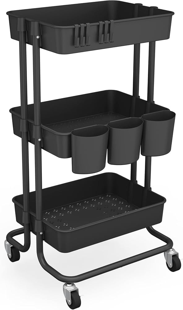 CAXXA 3-Tier Rolling Storage Organizer with 3 Small Baskets - Mobile Utility Cart with Caster Wheels | Amazon (US)