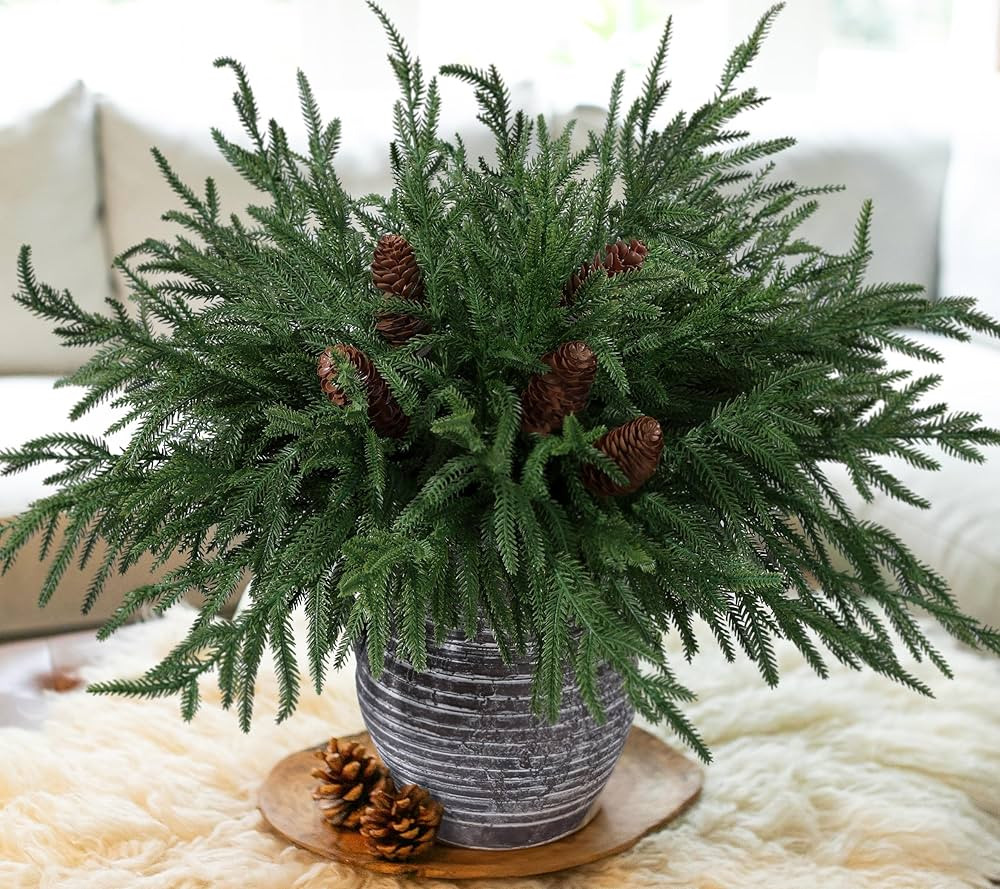 12PCS Christmas Norfolk Pine Stems, Real Touch 17 Inches Artificial Norfolk Pine Branches with 5 ... | Amazon (US)