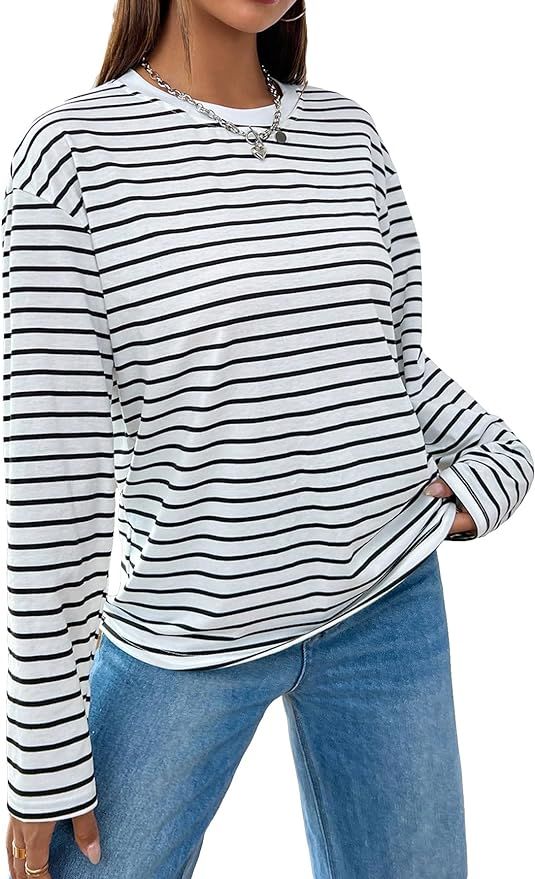 Milumia Women's Casual Striped Long Sleeve T Shirts Drop Shoulder Crew Neck Tee Tops | Amazon (US)