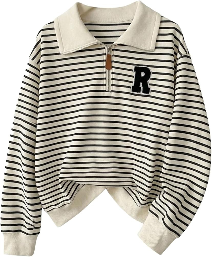 SweatyRocks Women's Striped Quarter Zip Pullover Sweatshirt Preppy Tops | Amazon (US)