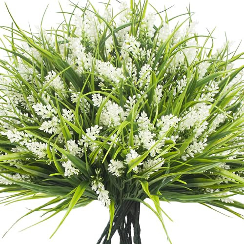 Grunyia 20 Bundles Artificial Plants Outdoor Fake Monkey Grass with Flowers (White) | Amazon (US)