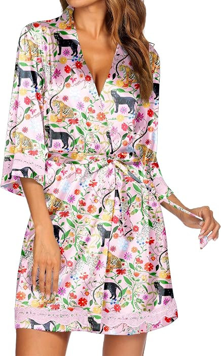 Ekouaer Women's Lace-Trim Silk Robes Bride Bridesmaid Kimono Satin Bathrobe V Neck Sleepwear with... | Amazon (US)