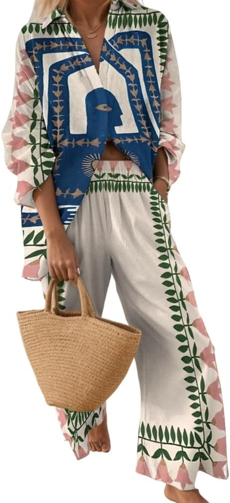 Akivide Womens Beach Vacation 2 Piece Outfits Long Sleeve Button Down Shirts and Matching Drawstr... | Amazon (US)