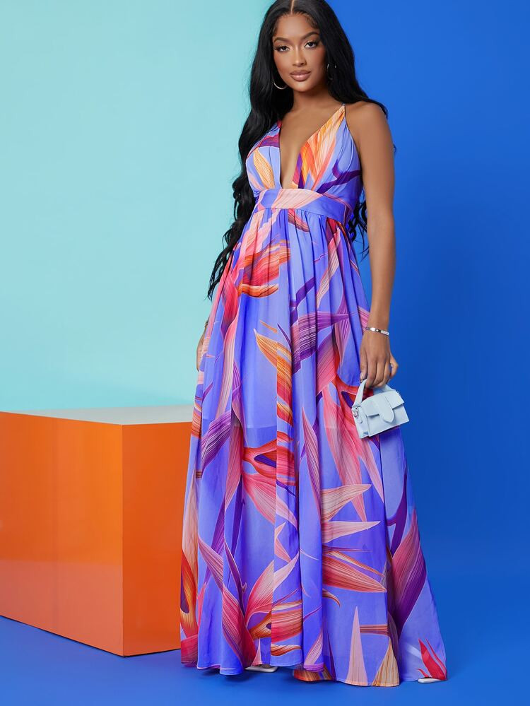 SHEIN SXY Birds of Paradise Floral Open-Back Maxi Dress | SHEIN