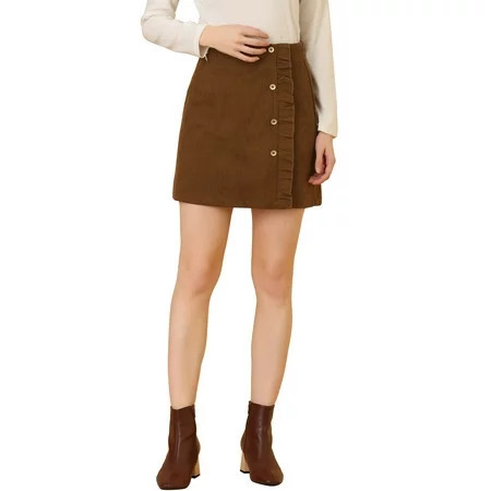 Allegra K Women s Corduroy High Waist Button Decor A Line Mini Skirt M Brown | Walmart (US)