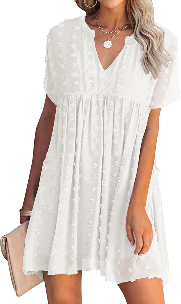 MIHOLL Women's V Neck Short Sleeve Ruffle Loose Summer Flowy Mini Dress | Amazon (US)