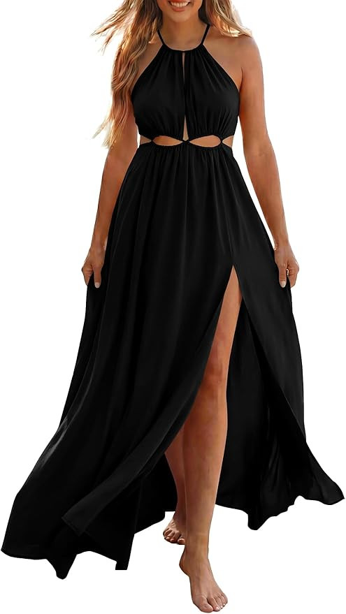 BTFBM Women Halter Summer Dresses 2026 Sleeveless Cutout Backless Sundress Slit Boho Maxi Beach W... | Amazon (US)