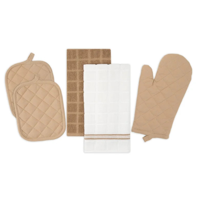 Mainstays Kitchen Towel, Oven Mitt & Pot Holder Kitchen Set, 5 Pieces, Tan - Walmart.com | Walmart (US)