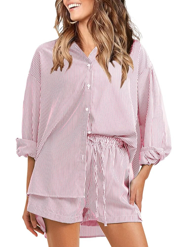 EXLURA Women's Summer 2 Piece Sets Long Sleeve Button Down Shirts Matching Short Sets Beach Vacat... | Amazon (US)