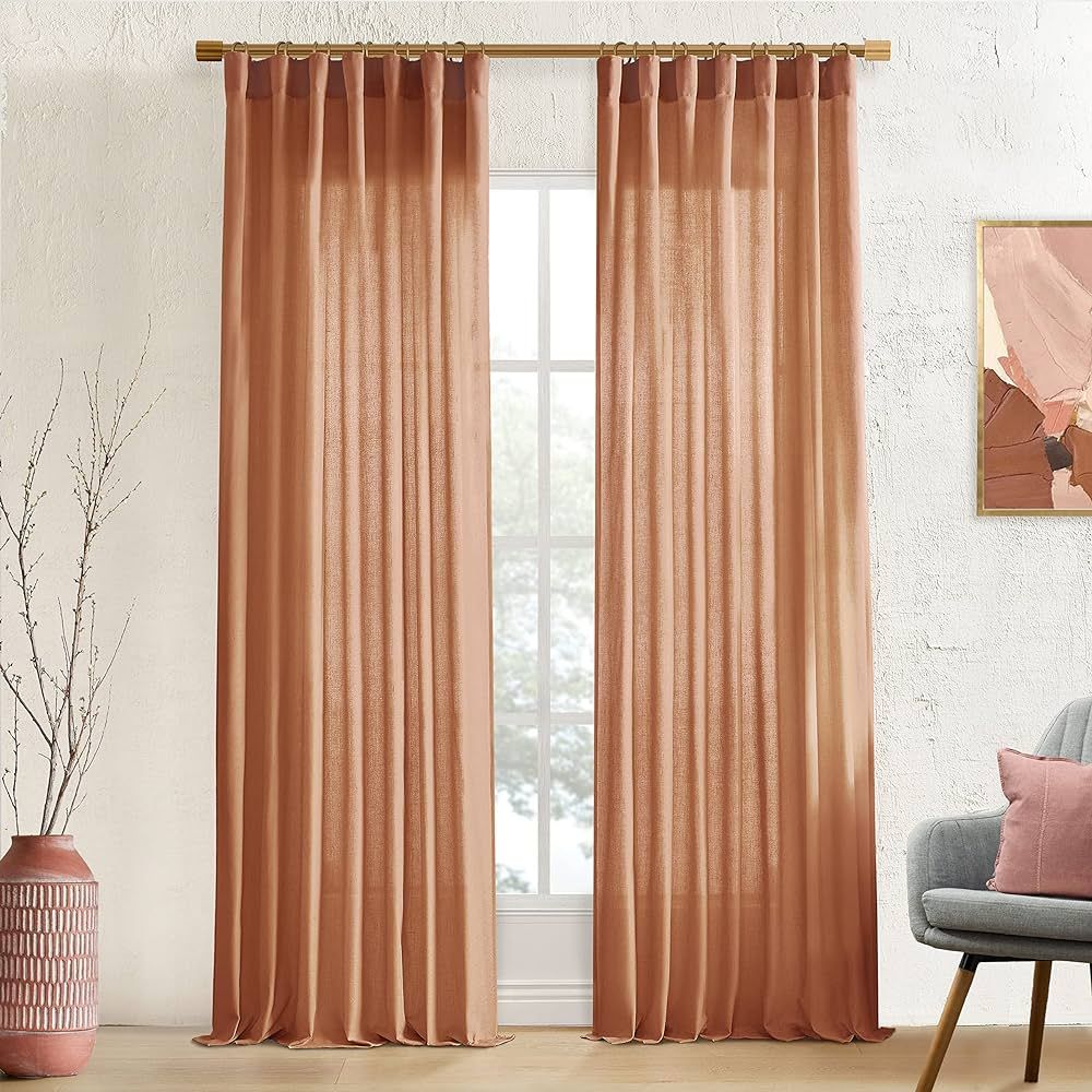 XTMYI 96 Inch Curtains 2 Panel Set for Living Room,Linen Cotton Sheer Back Tab Hooks Pleated Mute... | Amazon (US)