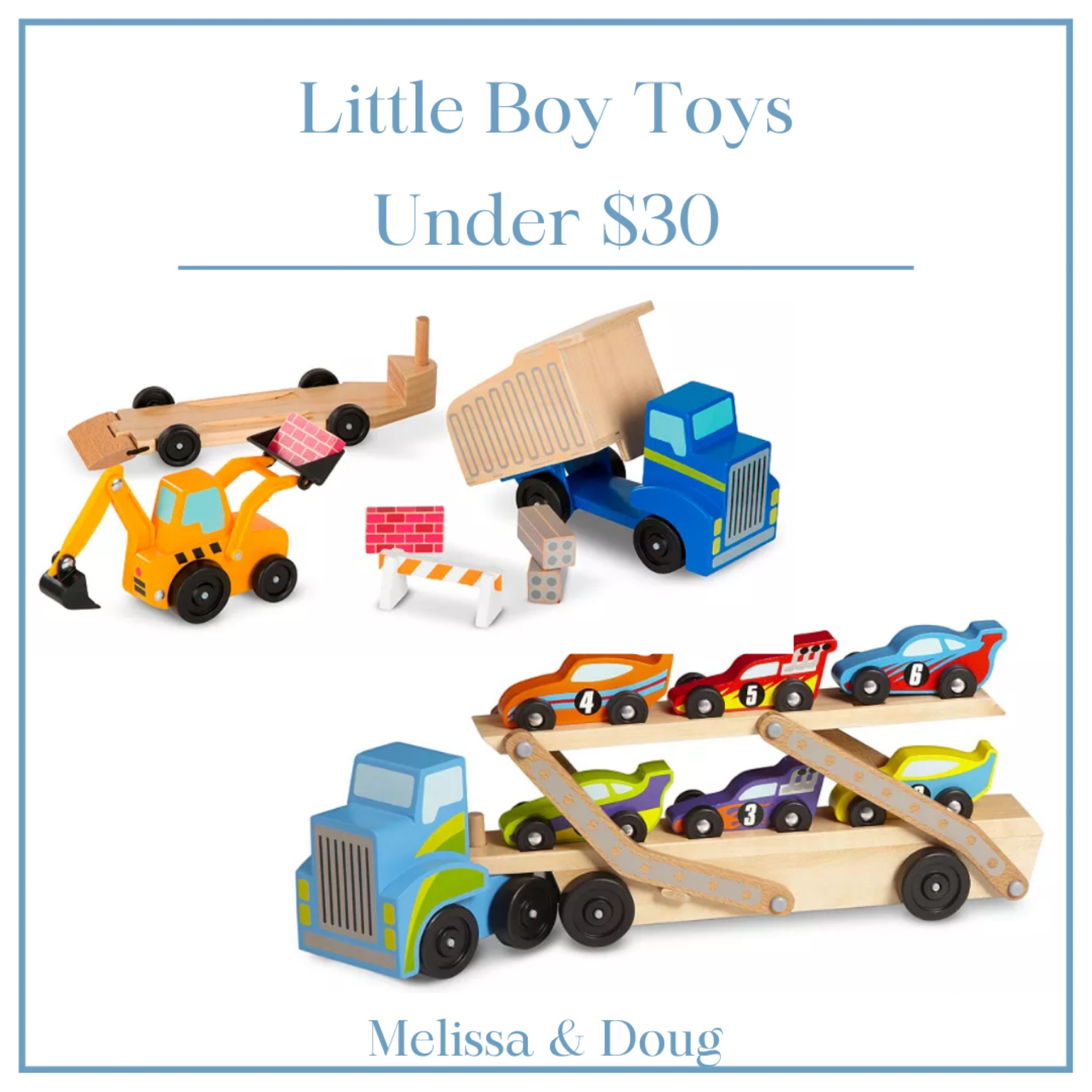 Melissa & Doug has some of the sweetest toys!! Briggs was gifted this racecar hauler for his birthday and he absolutely loves it!! Follow my link to save on these Melissa & Doug sets and MORE! I have linked several other fun options for your sweet boy to play with and pretend to be working with dad! 😍