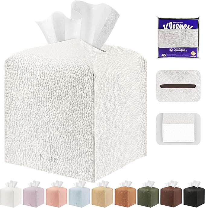 Tissue Box Cover Holder Square Tissue Cube Cover PU Leather Tissue Organizer with Bottom Belt for... | Amazon (US)