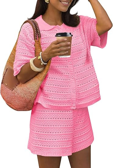 Fisoew Womens Summer 2 Piece Crochet Beach Outfit Cover Ups Button Cardigan Loose Knit Shorts Set... | Amazon (US)